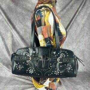 Vtg 90s Y2K Studded Floral Buckle Shoulder Bag Purse Black Leather Goth Emo Punk